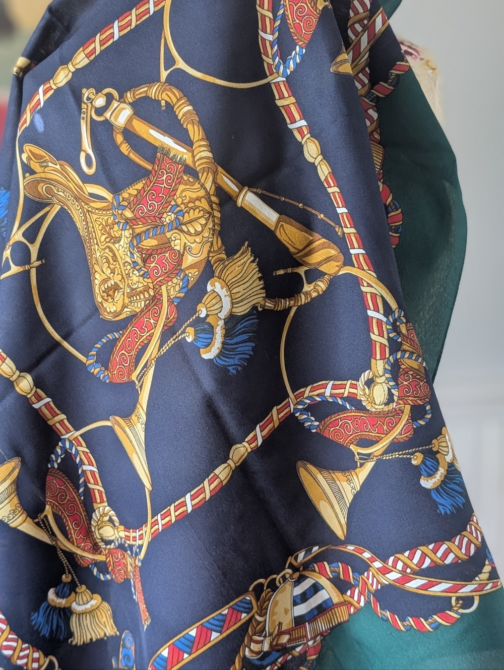OLGA Greco Printed Scarf in Navy, Emerald & Gold - Picture 8 of 10